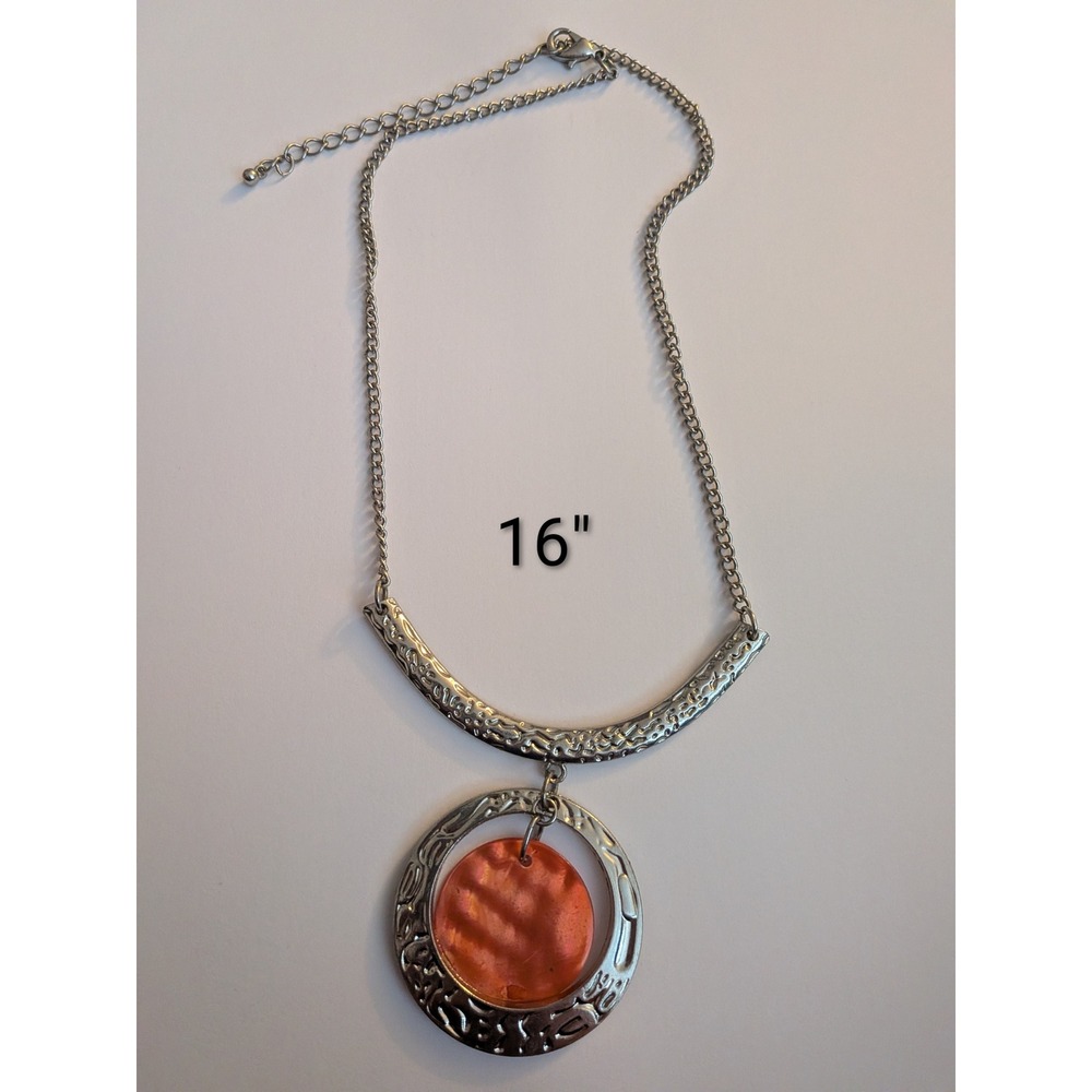 Silver Tone‎ Orange Iridescent Disc Statement Necklace Hammered Circle 16in